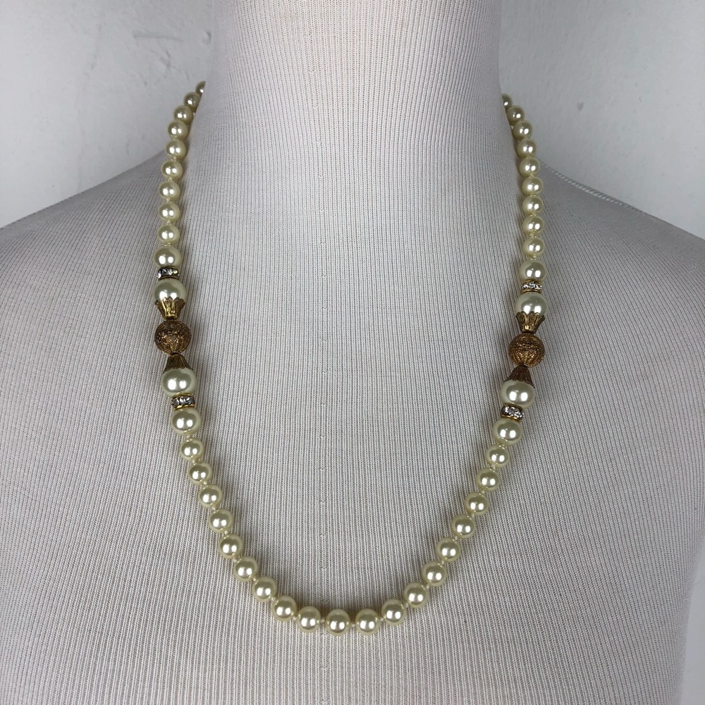 Vintage AFJ Gold Rhinestones Faux Pearl Necklace